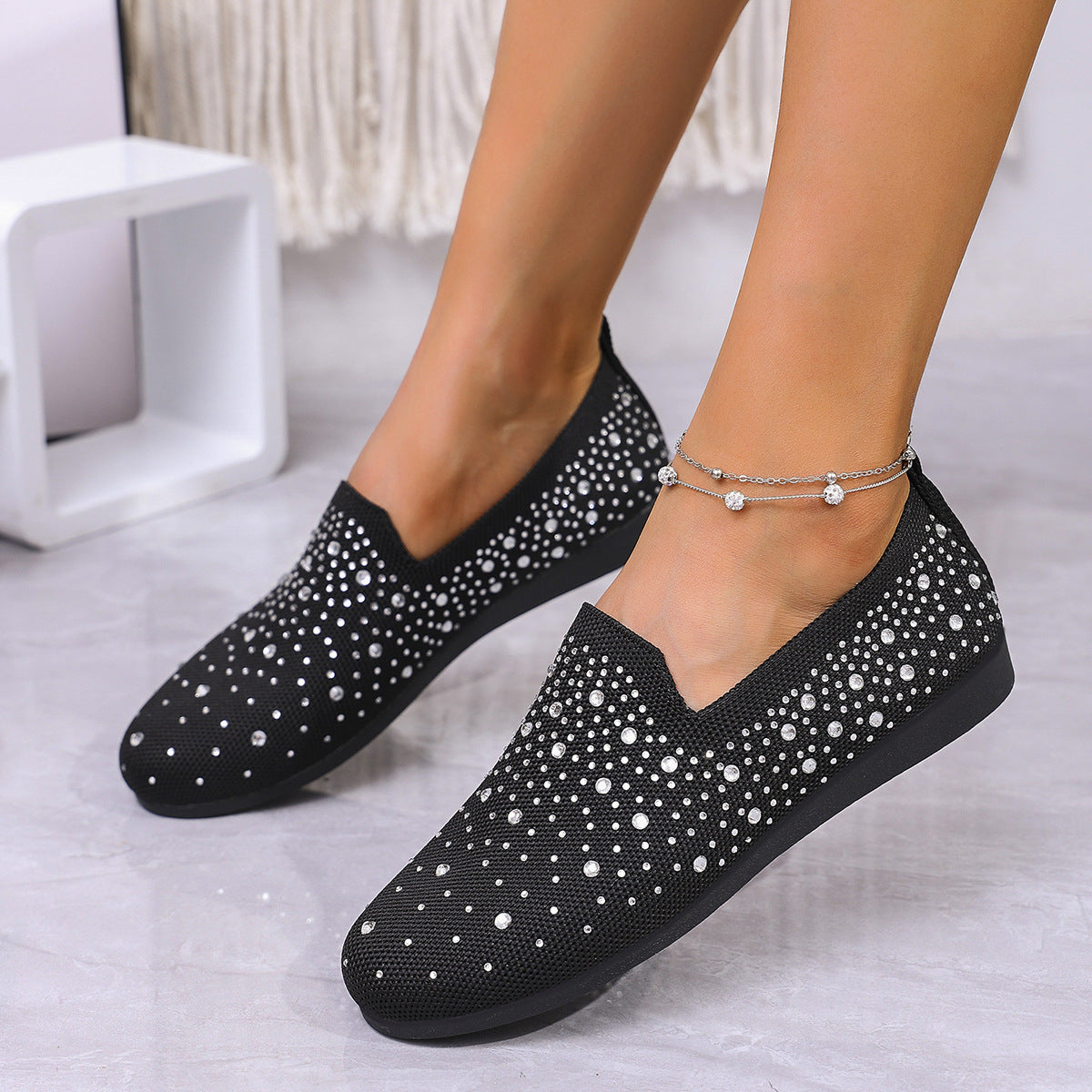 Sparkly Rhinestone Mesh Slip-On Flats – Breathable Comfort Loafers