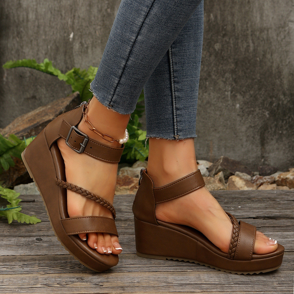 Braided Wedge Platform Sandals - Black & Brown
