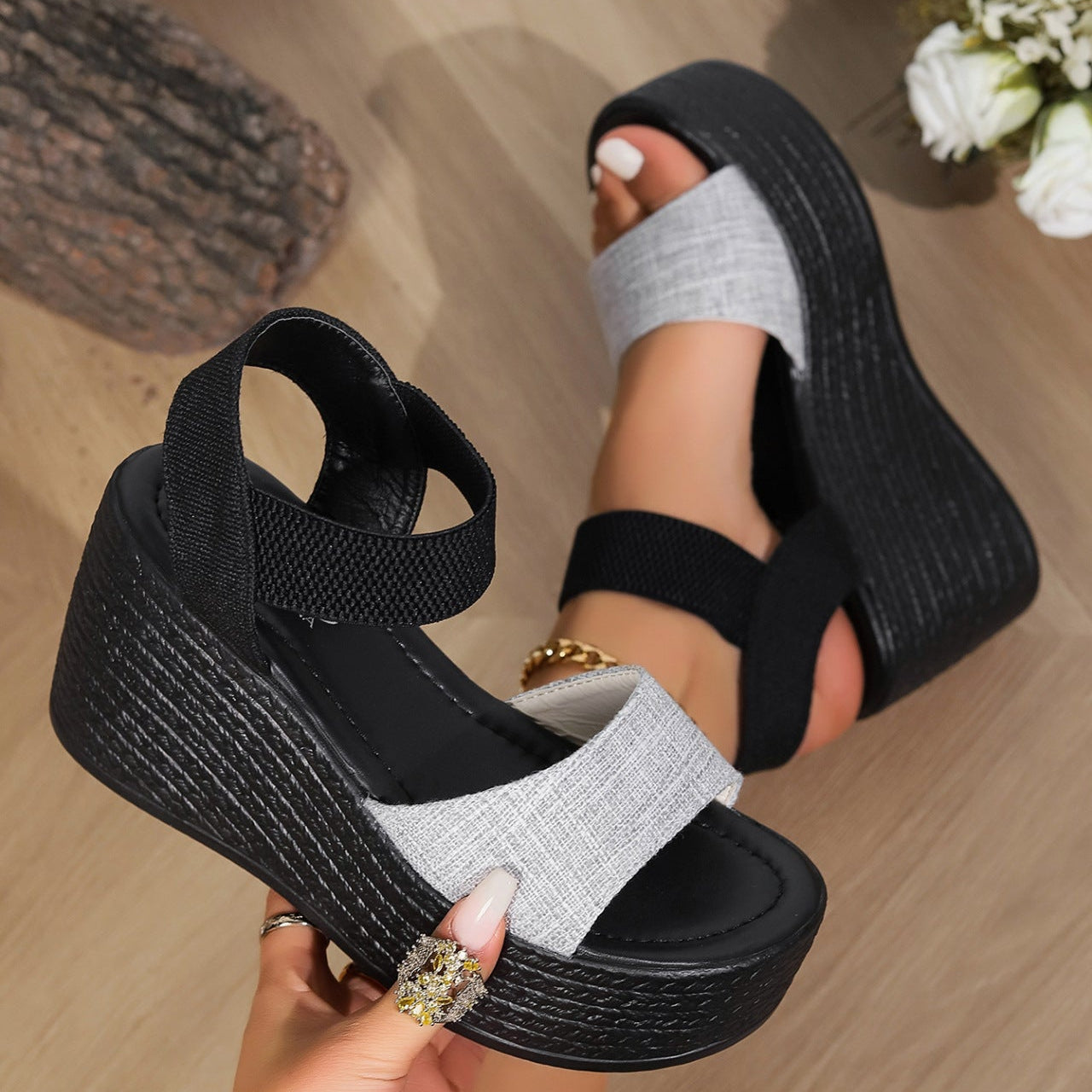 Chic Black Platform Wedge Sandals with Linen Straps - 9cm Wedge Heel