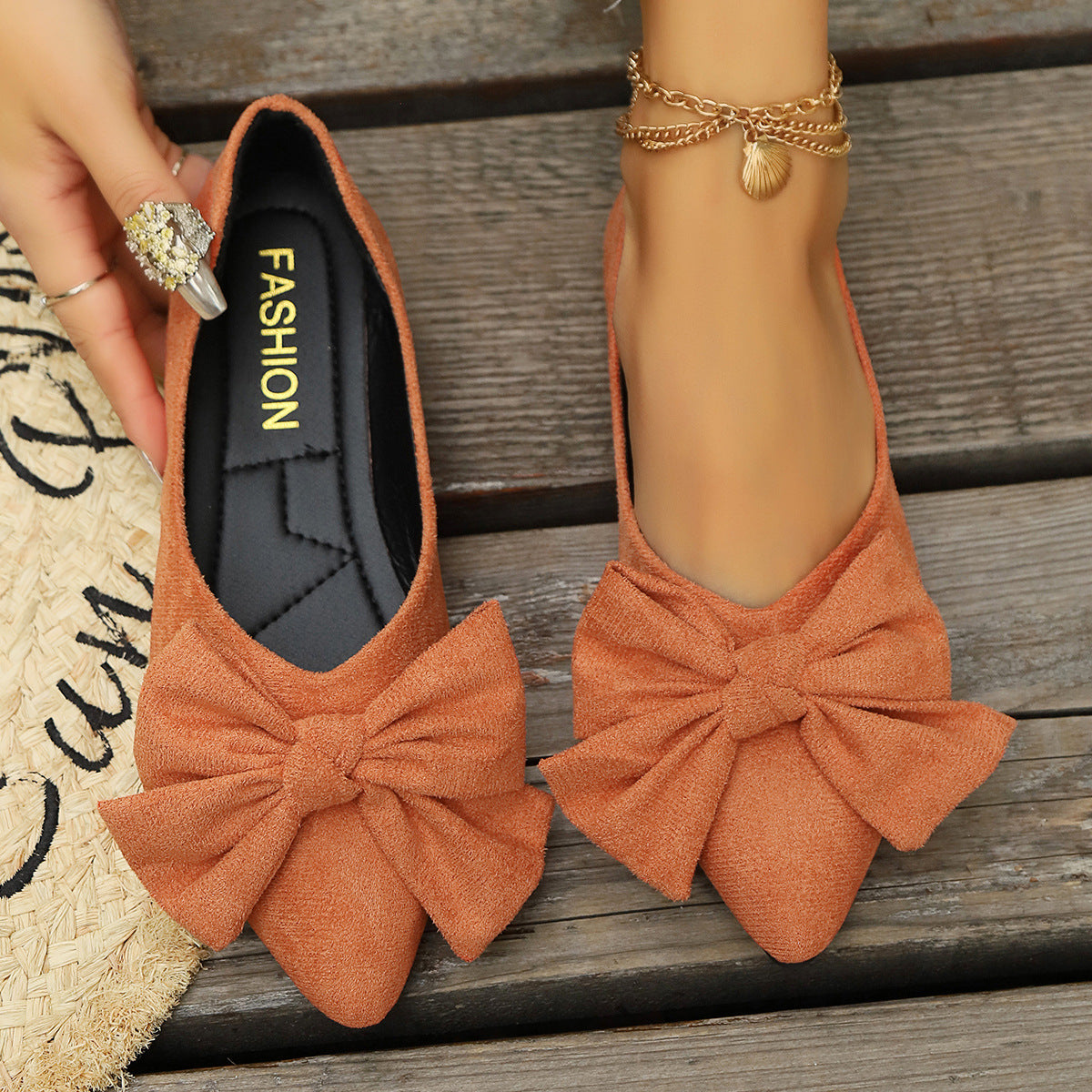 Women's Bow Pointed Toe Flats - Big Bow Suede Ballet Flats Comfortable Slip-On Pumps