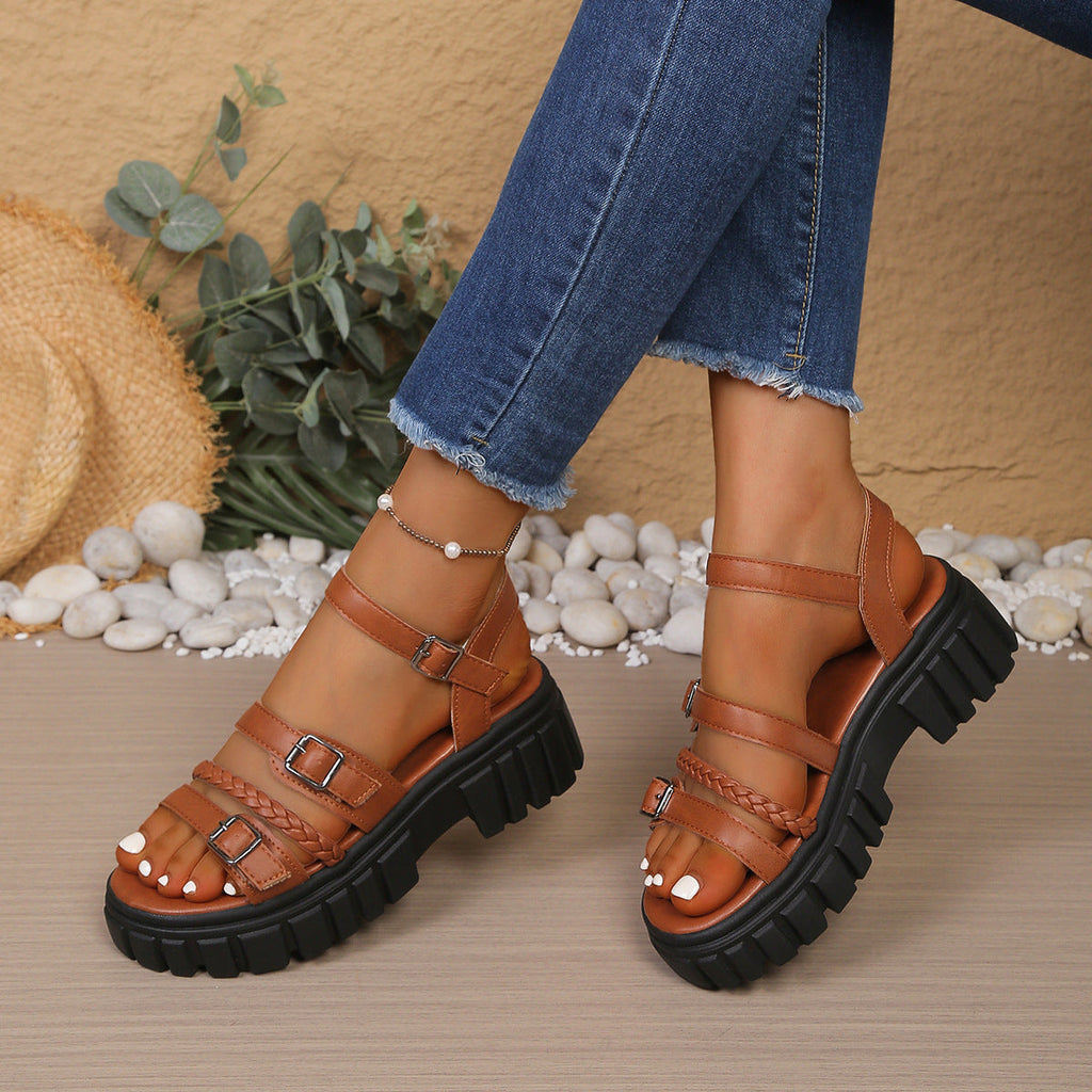 Women's Chunky Platform Strappy Sandals - Buckle Braided Open Toe Summer Shoes