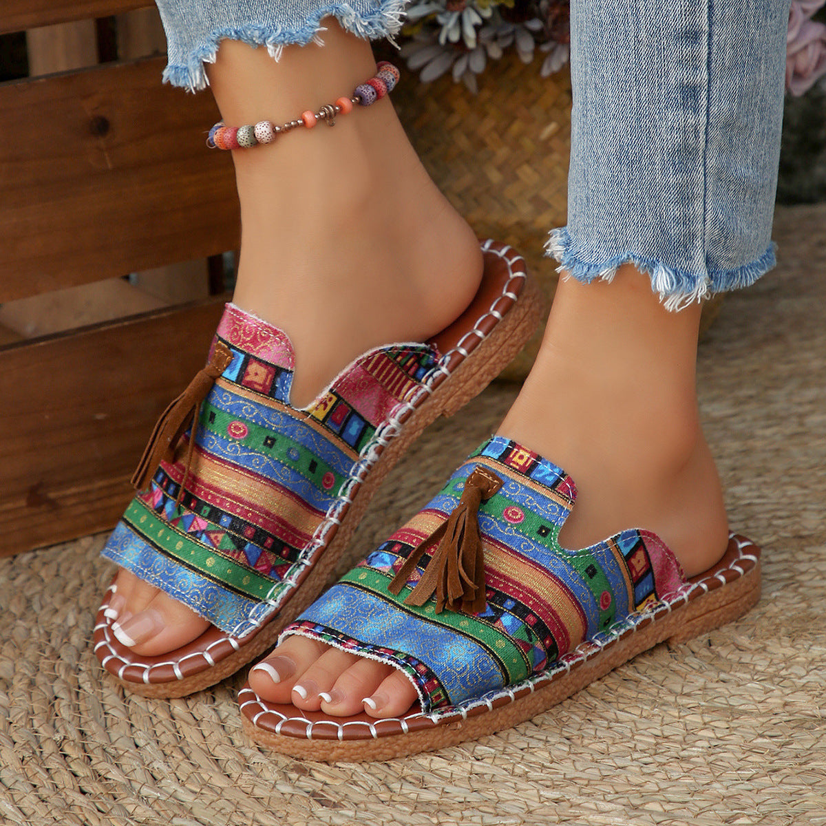 Bohemian Ethnic Tassel Slide Sandals – Colorful Woven Flat Mules with Cork Sole