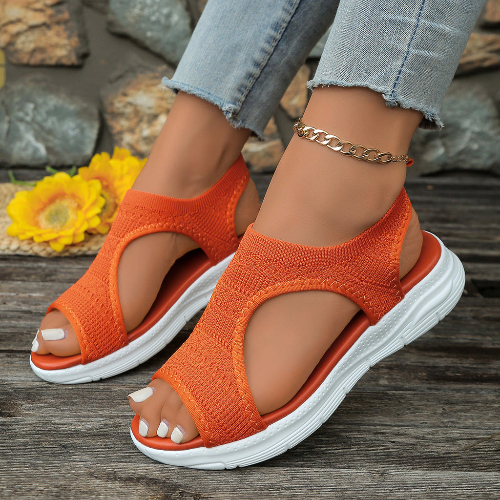 Women's Breathable Knit Platform Sandals 4.5cm Heel - Peep Toe Gold Buckle Summer Shoes