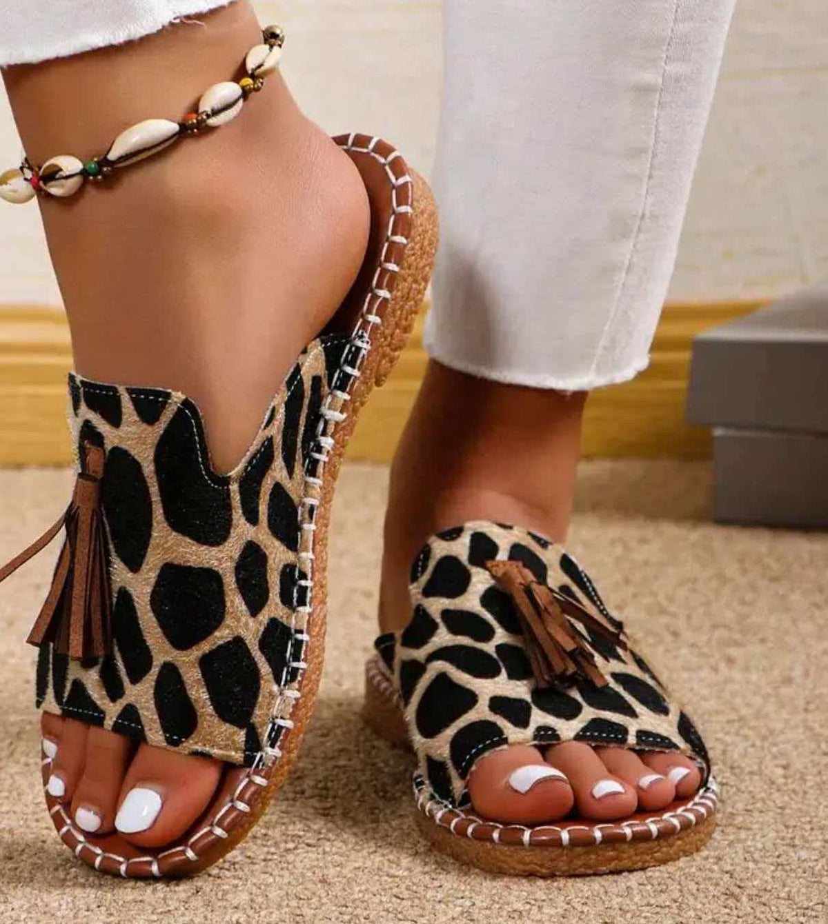 Bohemian Ethnic Tassel Slide Sandals – Colorful Woven Flat Mules with Cork Sole