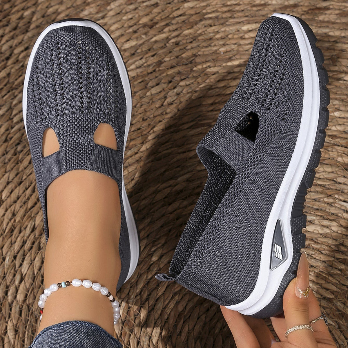 Breathable Knit Slip-On Sneakers Women - Lightweight Mesh Walking Shoes with Cutout Design