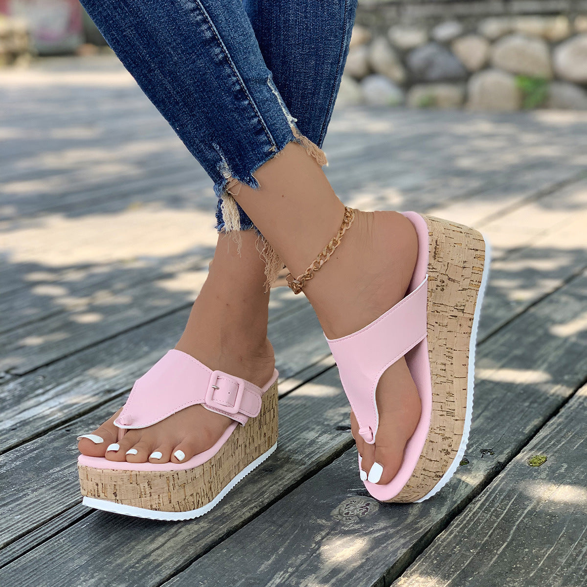 Comfortable Beige Cork Wedge Platform Thong Sandals – Buckle Strap Summer Slides