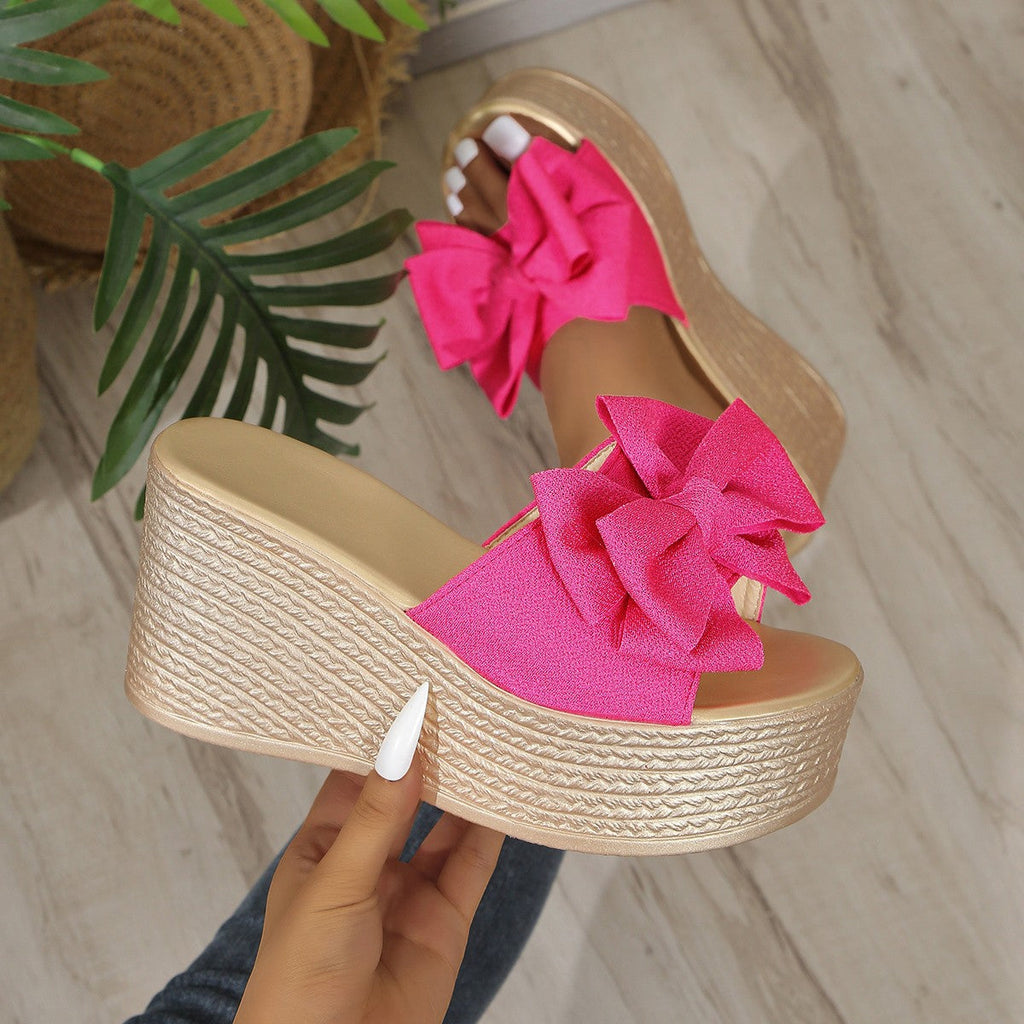 Women's Platform Wedge Sandals with Big Bow - Sparkly Open Toe Summer Slides