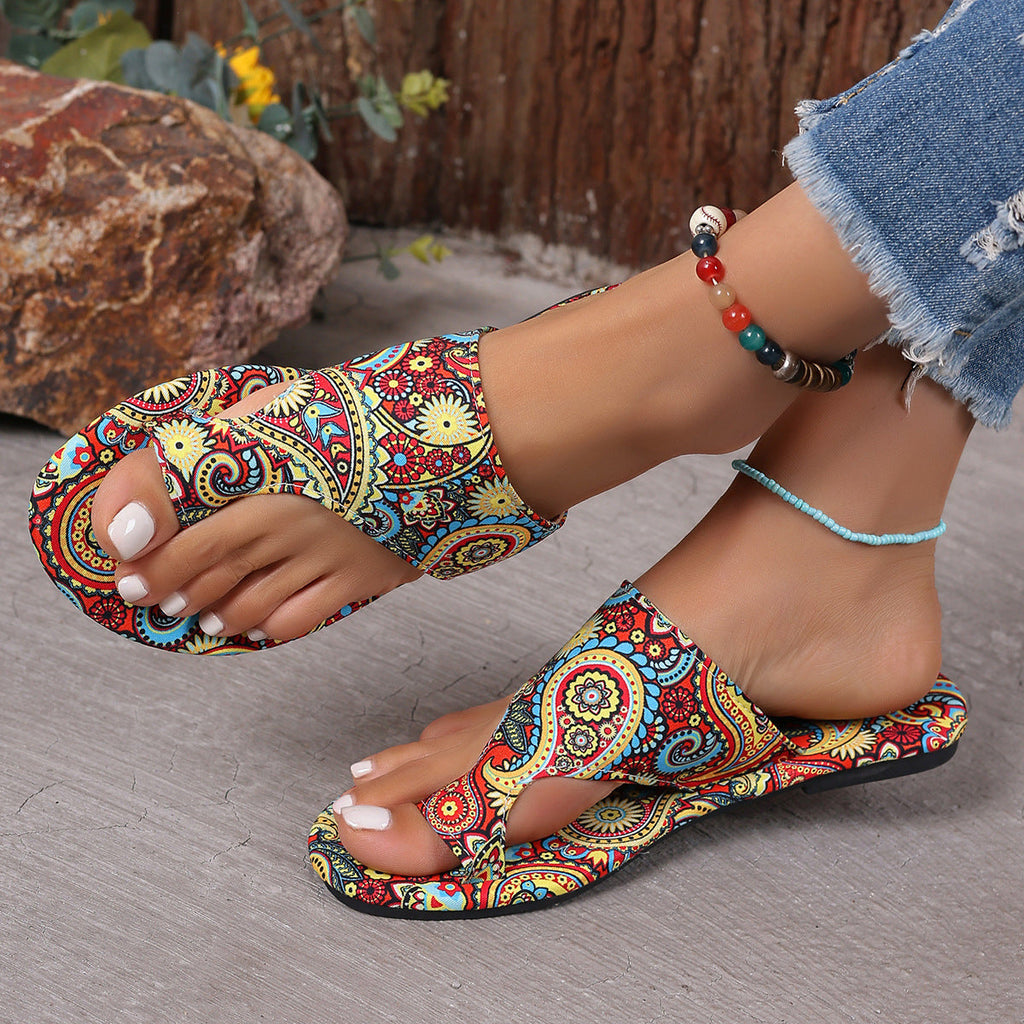 Boho Ethnic Paisley Print Flat Sandals – Women’s Bohemian Toe Ring Slides