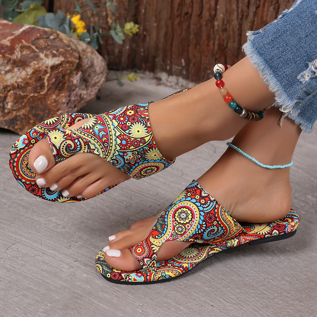 Boho Ethnic Paisley Print Flat Sandals – Women’s Bohemian Toe Ring Slides