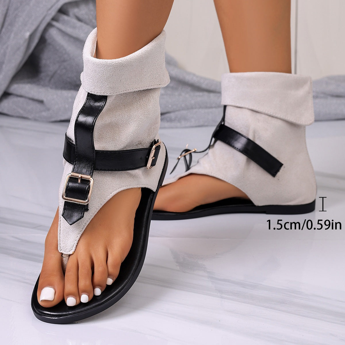Women's Buckle Cuff Thong Flat Sandals – Casual Suede Ankle Strap Summer Shoes
