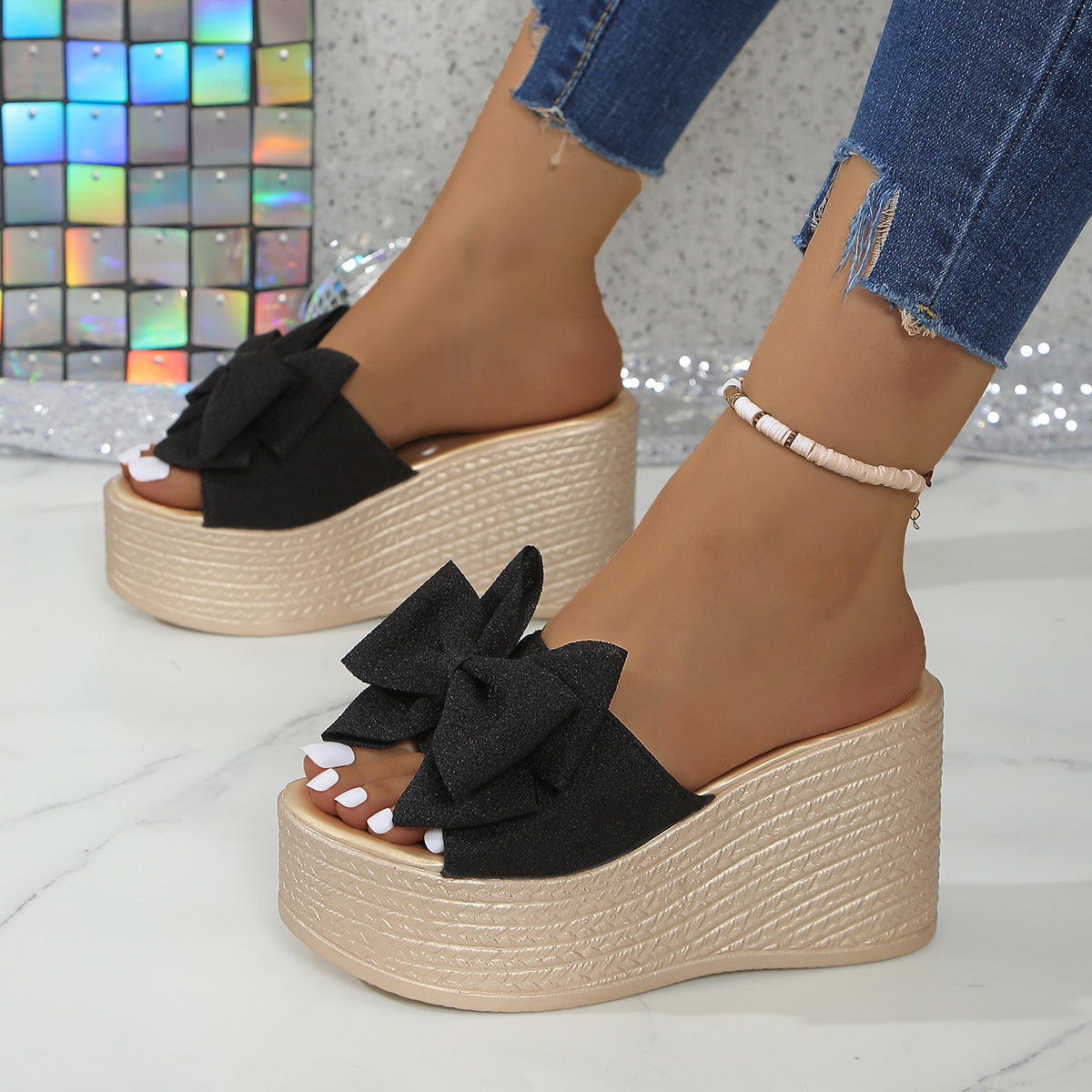 Women's Platform Wedge Sandals with Big Bow - Sparkly Open Toe Summer Slides