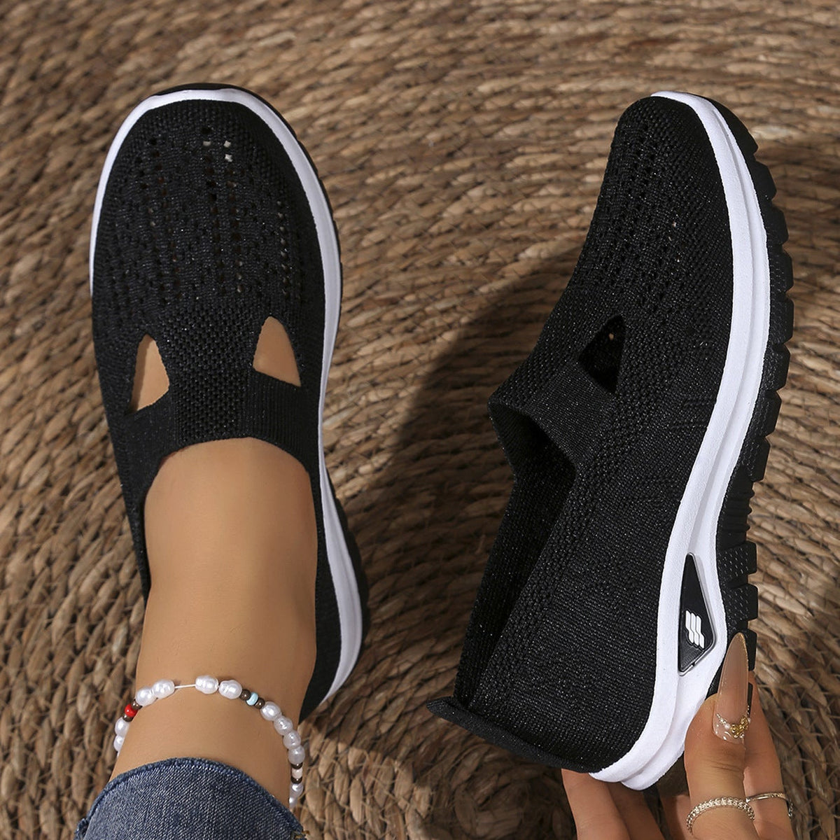 Breathable Knit Slip-On Sneakers Women - Lightweight Mesh Walking Shoes with Cutout Design