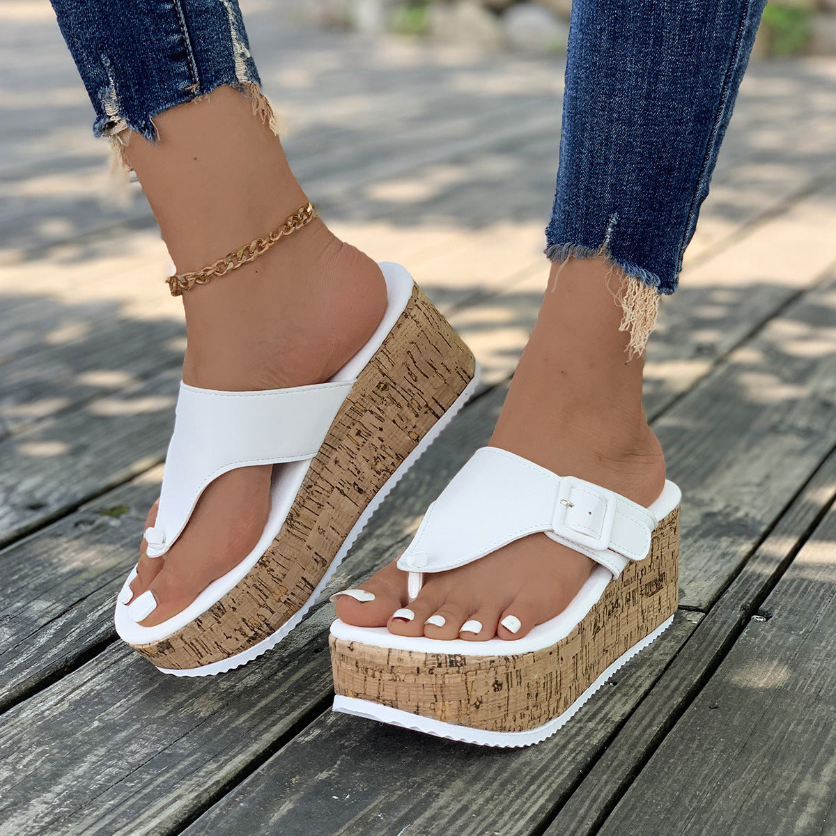 Comfortable Beige Cork Wedge Platform Thong Sandals – Buckle Strap Summer Slides