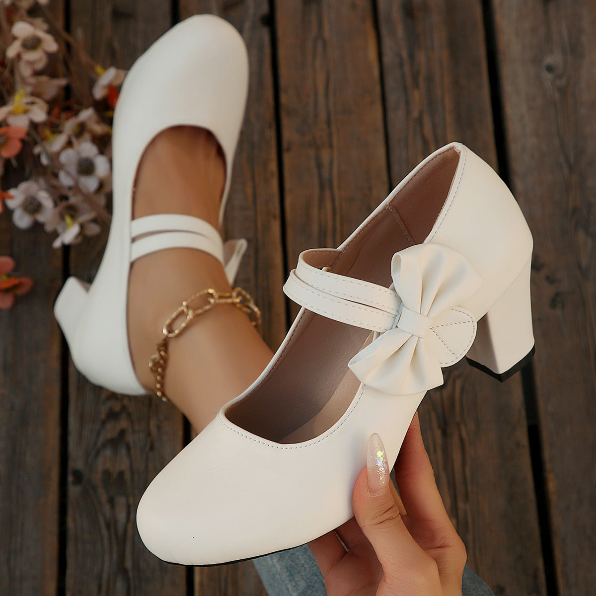 Women's Bowknot Block Heel Mary Jane Shoes – Elegant Ankle Strap Chunky Heels
