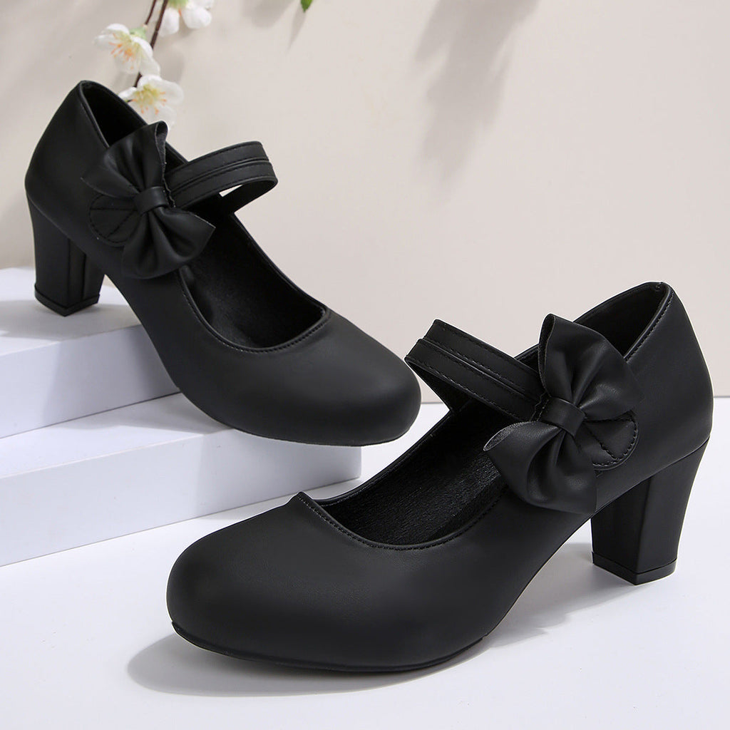 Women's Bowknot Block Heel Mary Jane Shoes – Elegant Ankle Strap Chunky Heels