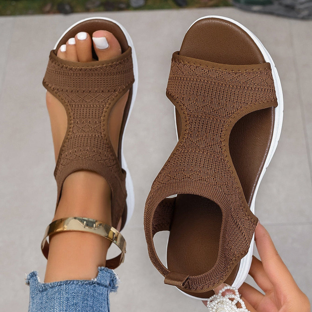 Women's Breathable Knit Platform Sandals 4.5cm Heel - Peep Toe Gold Buckle Summer Shoes