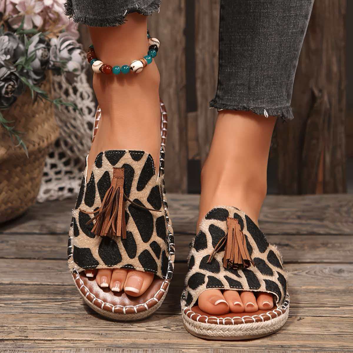 Bohemian Ethnic Tassel Slide Sandals – Colorful Woven Flat Mules with Cork Sole