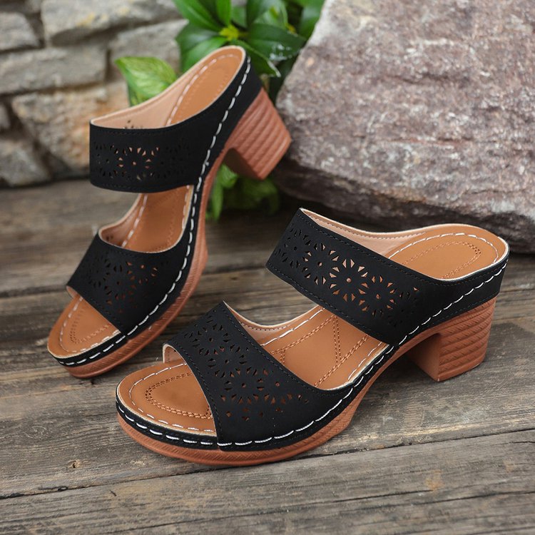 Women's Hollow Out Block Heel Sandals - Peep Toe Double Strap Mules with Chunky Heel