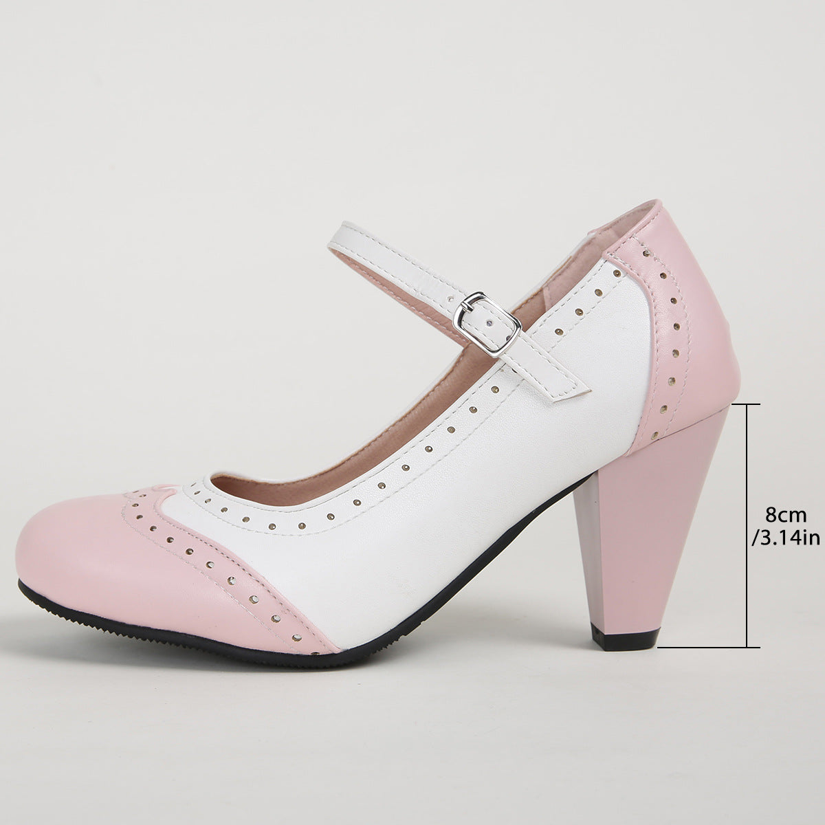 Women's Two-Tone Mary Jane Block Heel Pumps - Retro Brogue Ankle Strap Shoes