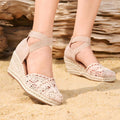 Elegant Beige Crochet Wedge Espadrille Sandals – Ankle Strap Platform Heels
