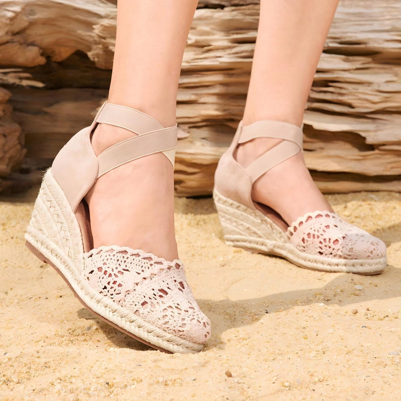 Elegant Beige Crochet Wedge Espadrille Sandals – Ankle Strap Platform Heels