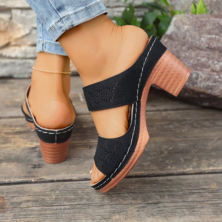 Women's Hollow Out Block Heel Sandals - Peep Toe Double Strap Mules with Chunky Heel