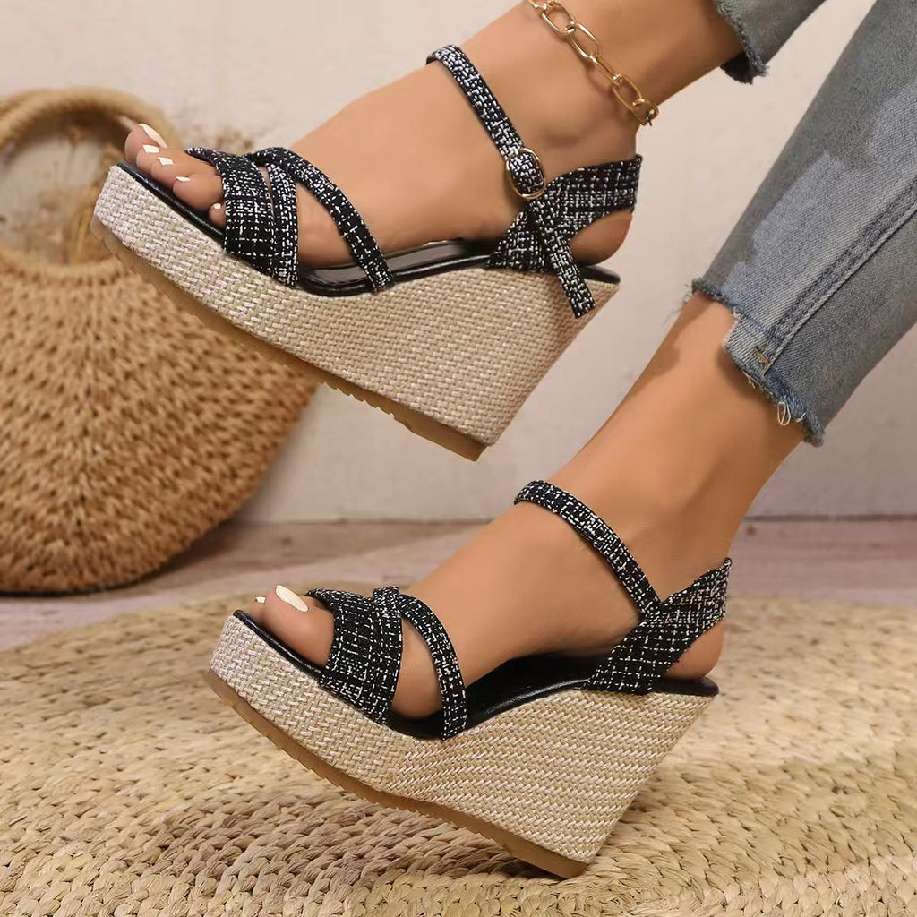 Women's Criss-Cross Wedge Platform Sandals - Braided Strappy Espadrille Wedges