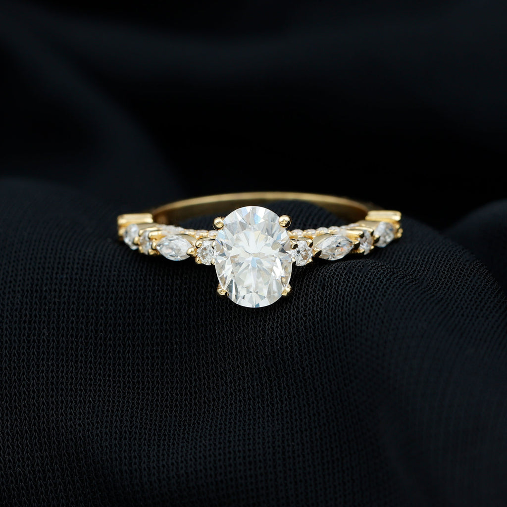 14K Yellow Gold Oval Moissanite Engagement Ring with Side Stones E99782