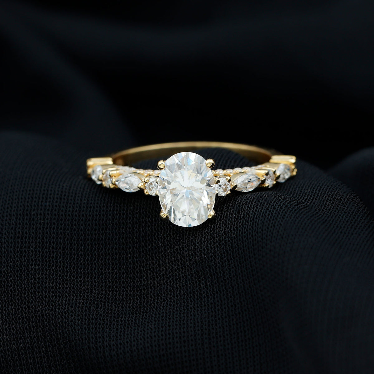 14K Yellow Gold Oval Moissanite Engagement Ring with Side Stones E99782