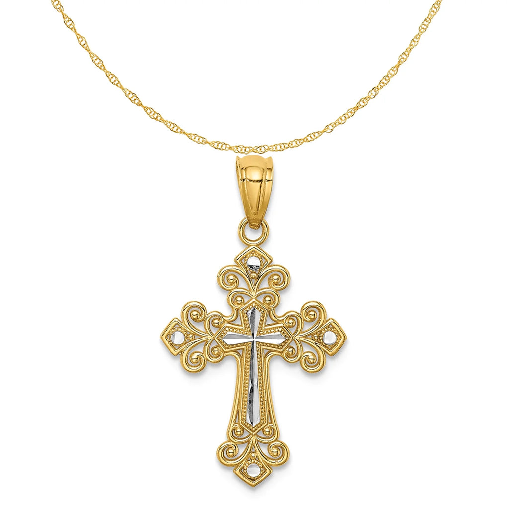14K Two-Tone Gold Rhodium Plated Diamond Cut Cross Pendant With 14K Yellow Gold Rope Chain 20" J1287