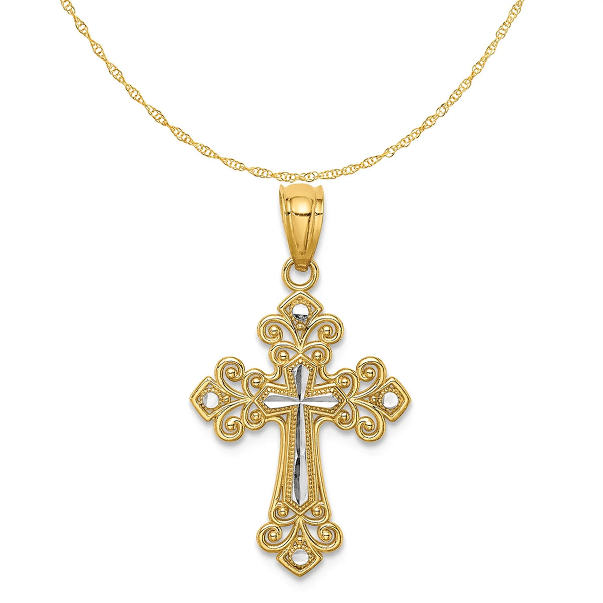 14K Two-Tone Gold Rhodium Plated Diamond Cut Cross Pendant With 14K Yellow Gold Rope Chain 20" J1287
