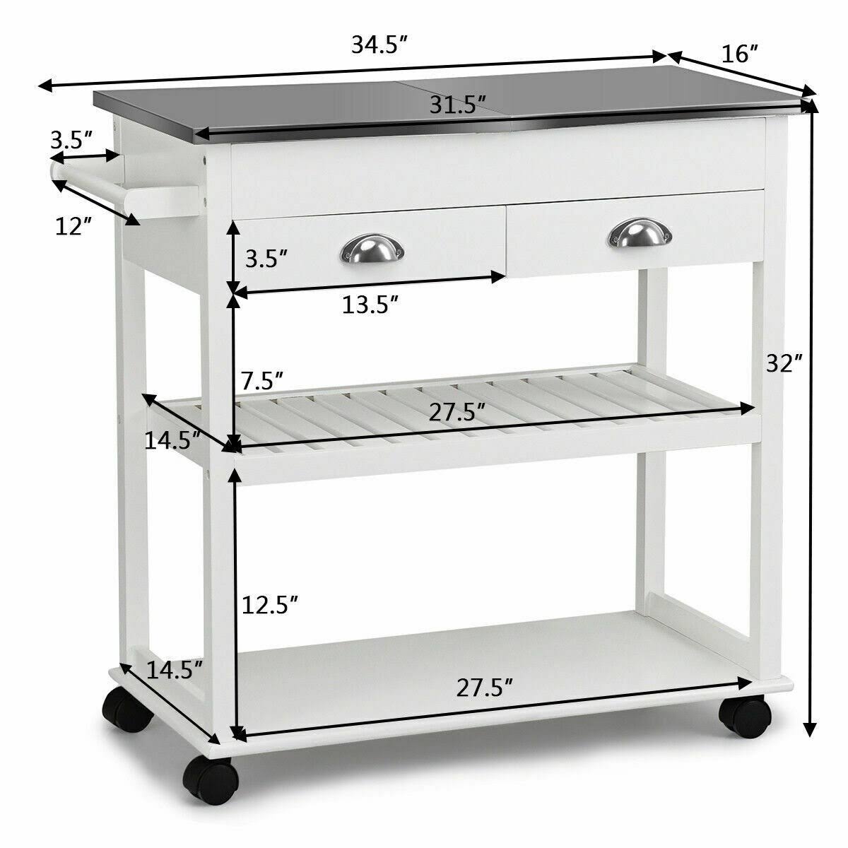 Stainless Steel Mobile Kitchen Trolley Cart with Drawers & Casters T981175