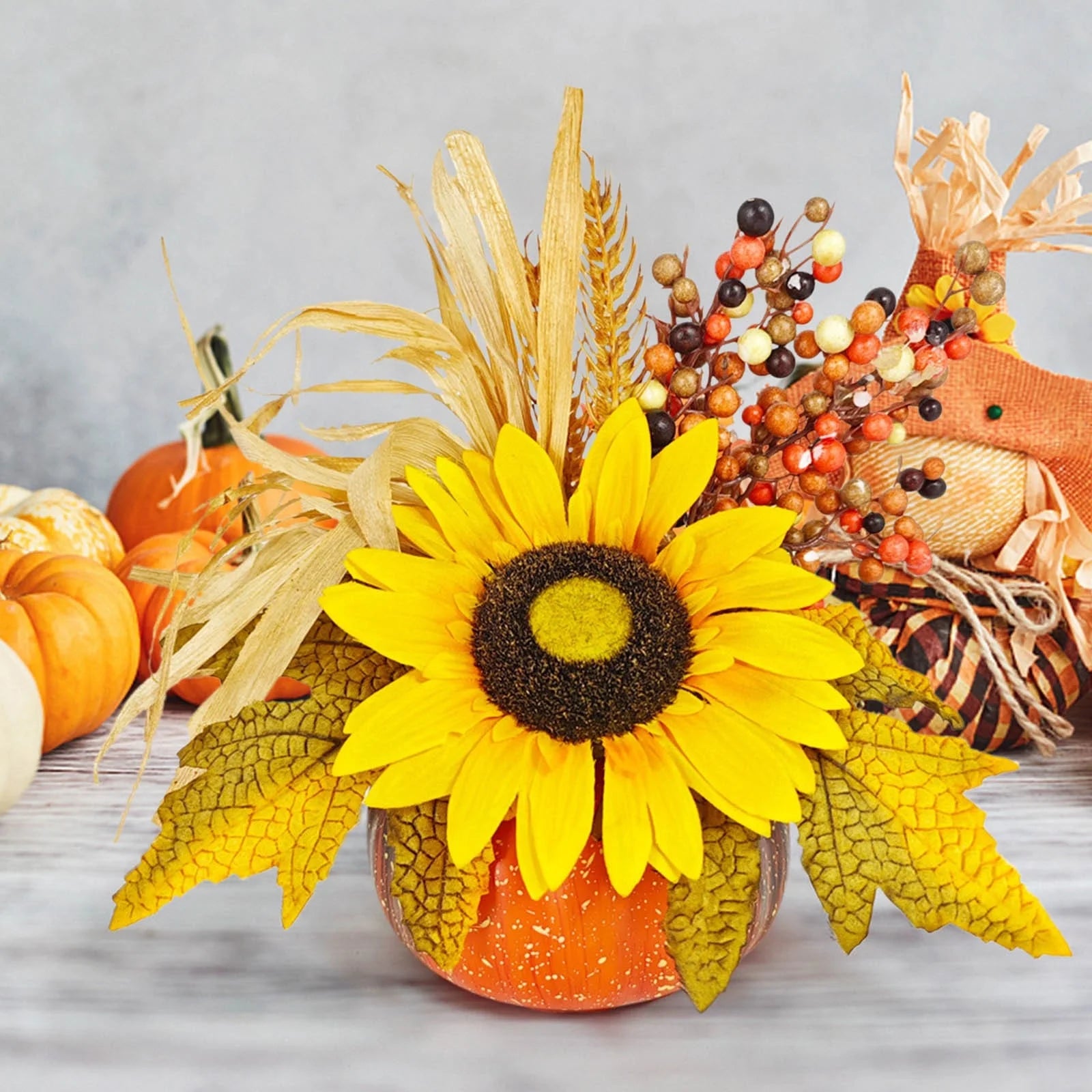 Artificial Fall Maple Flowers Silk Sunflowers Bouquets with Pumpkins Z55943
