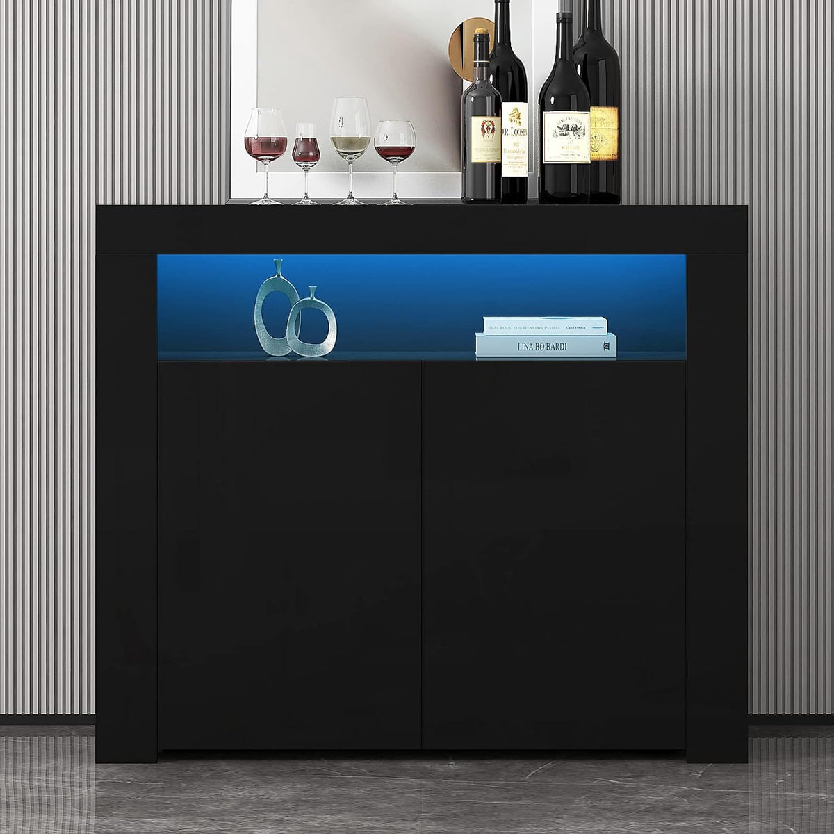 Black High Gloss Sideboard Buffet Storage Cabinet with Led Lights, 2 Doors S708978