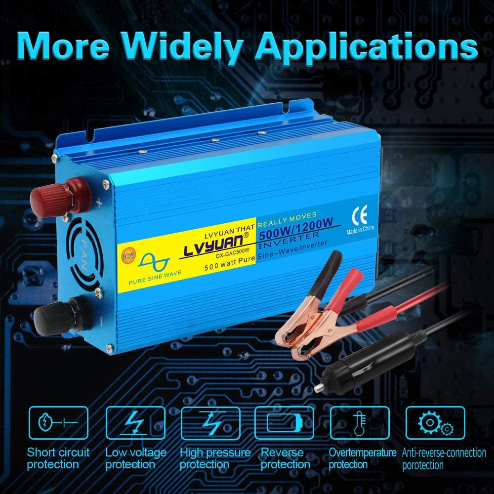 500W Pure Sine Wave Power Inverter 12V to 110V AC with USB Car Adapter Pack of 2 S946