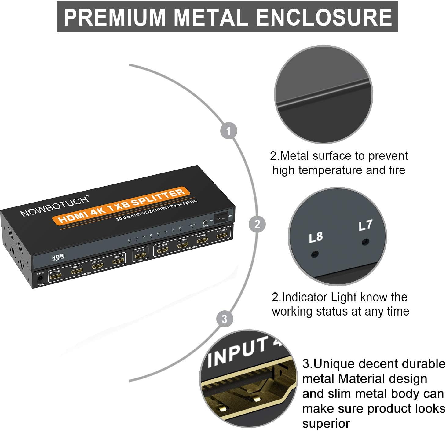 1x8 HDMI Splitter 8 Port 1 in 8 Out Powered Ver 1.4 Full HD 1080P 3D Support K11772