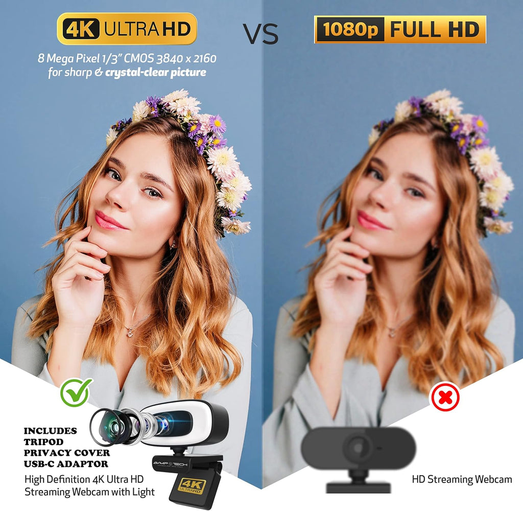 4K Webcam with Ring Light Ultra HD 8MP Autofocus USB Web Cam Stereo Microphone C334645