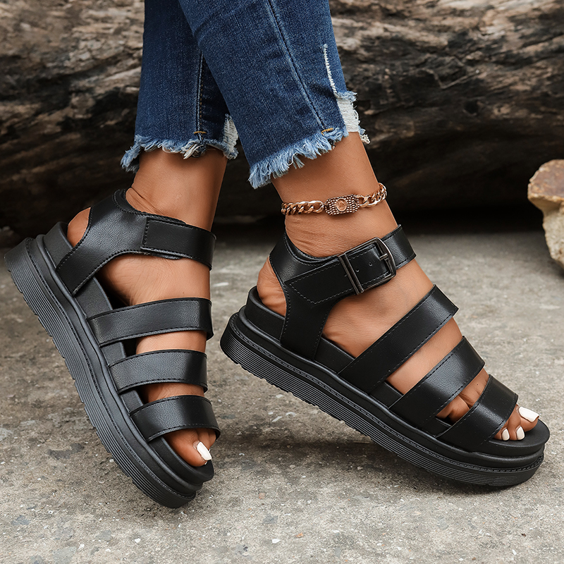 Women's Platform Open-Toe Beach Sandals with Simple Four-Strap Design