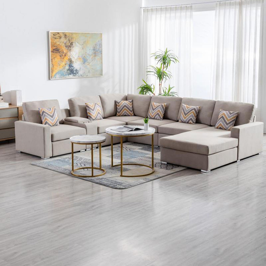 Beige Fabric Reversible Sectional with Charging Port and Storage Console O691571
