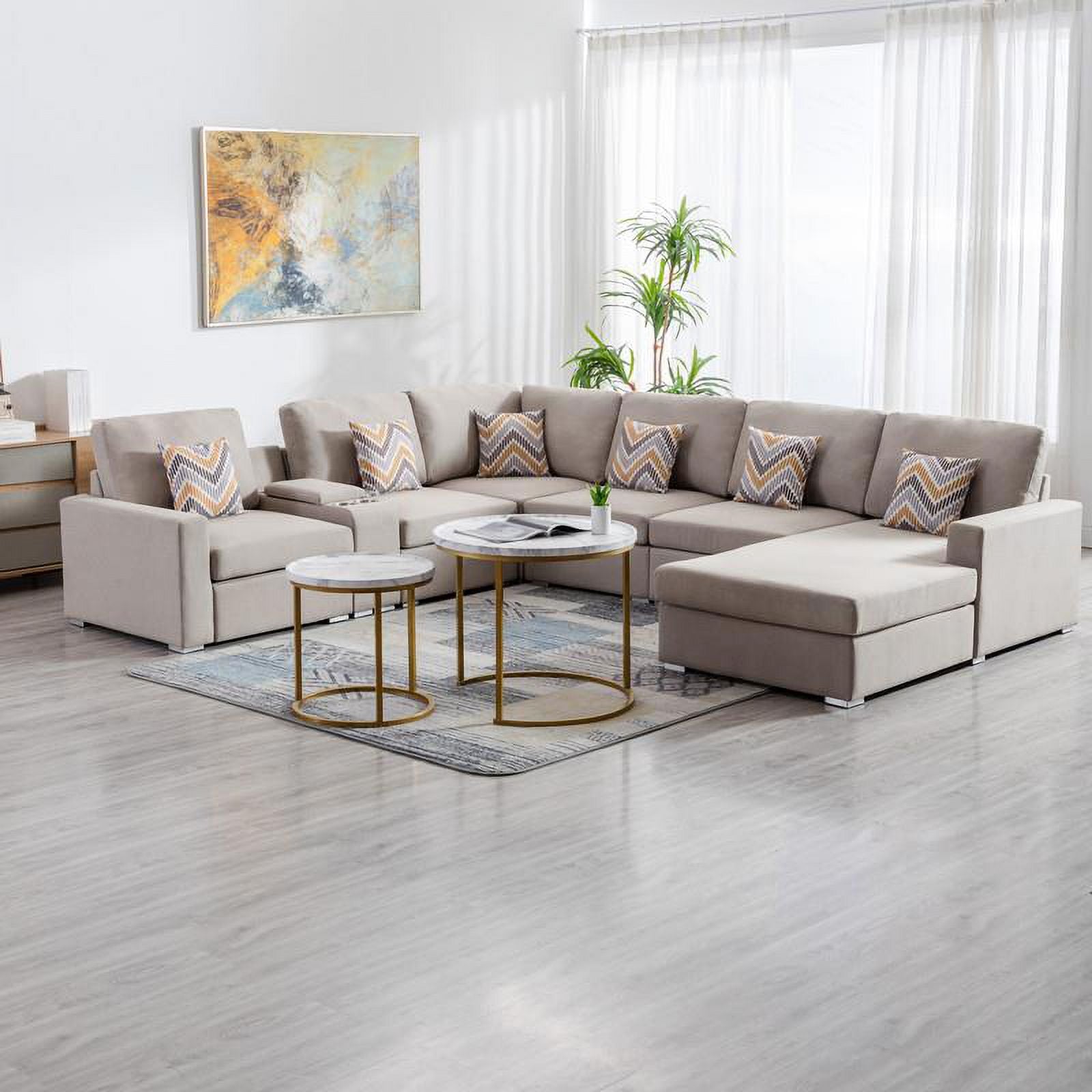 Beige Fabric Reversible Sectional with Charging Port and Storage Console O691571