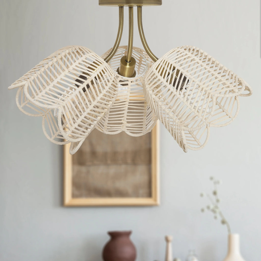 Gold and White Rattan and Metal Ceiling Light W868674