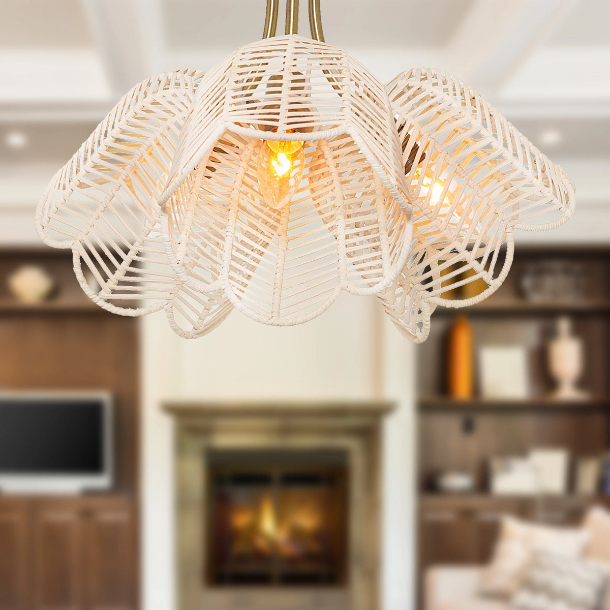 Gold and White Rattan and Metal Ceiling Light W868674