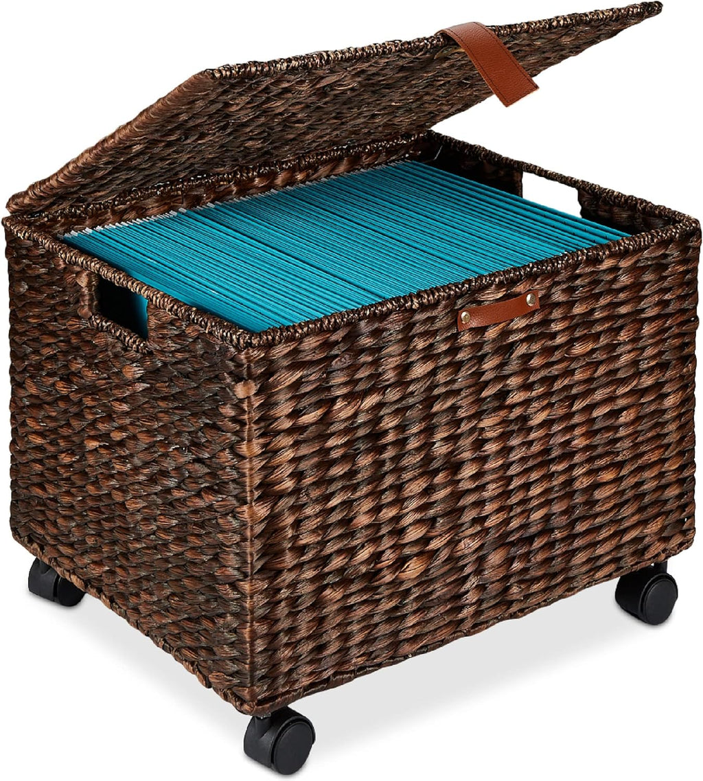 Water Hyacinth Rolling Filing Cabinet with Lid, 4 Locking Wheels Y549