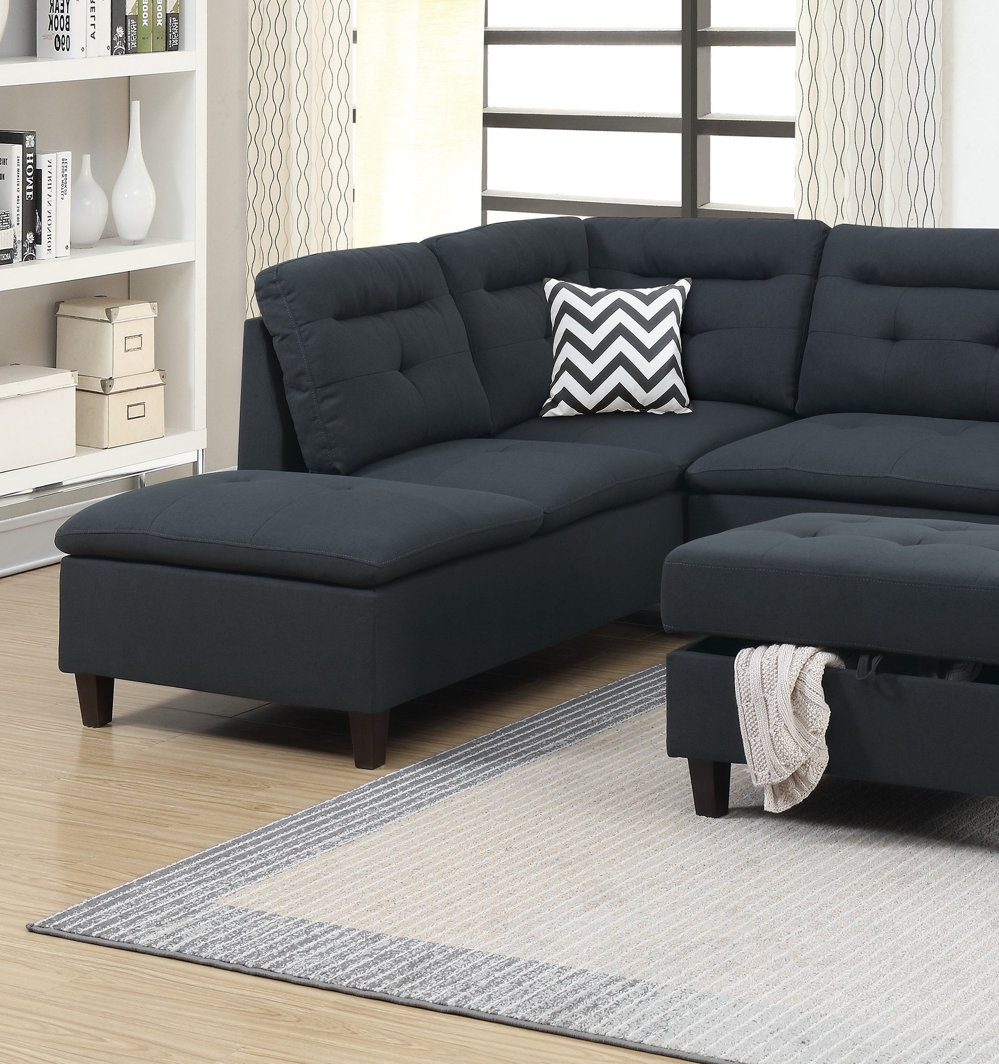 Black Fabric Sectional Sofa with Ottoman Q545
