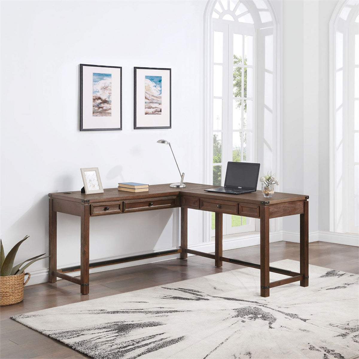Brushed Walnut Engineered Wood Sit-to-Stand L-Desk O839