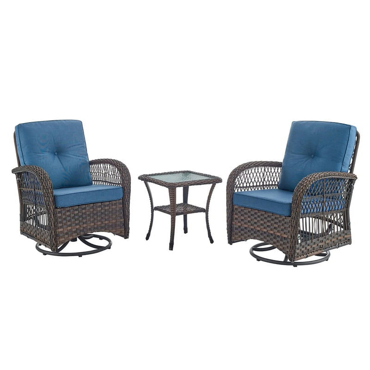 Brown Rattan Wicker 3-Piece Outdoor Swivel Glider Set with Blue Cushion P11200