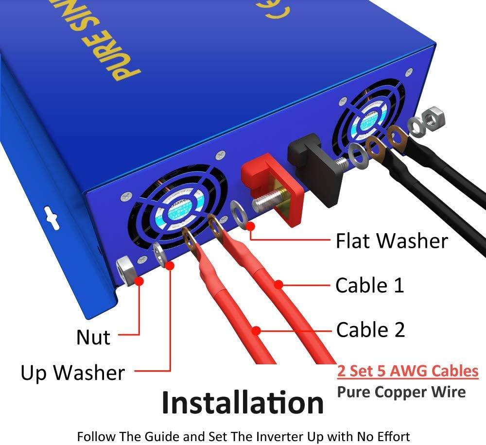 3000W Pure Sine Wave Power Inverter 12v to 110v 120v DC to AC with 2 USA Outlets 2 Battery Cables S791
