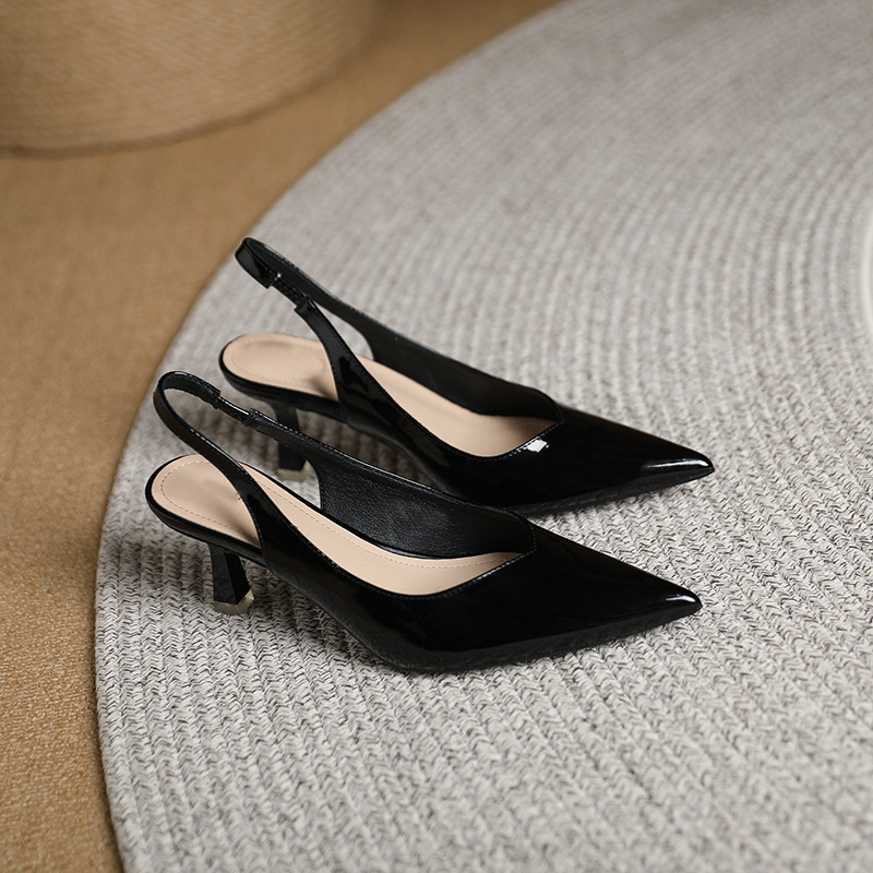 Elegant Women's Pointed-Toe Glossy Leather Slingback Sandals