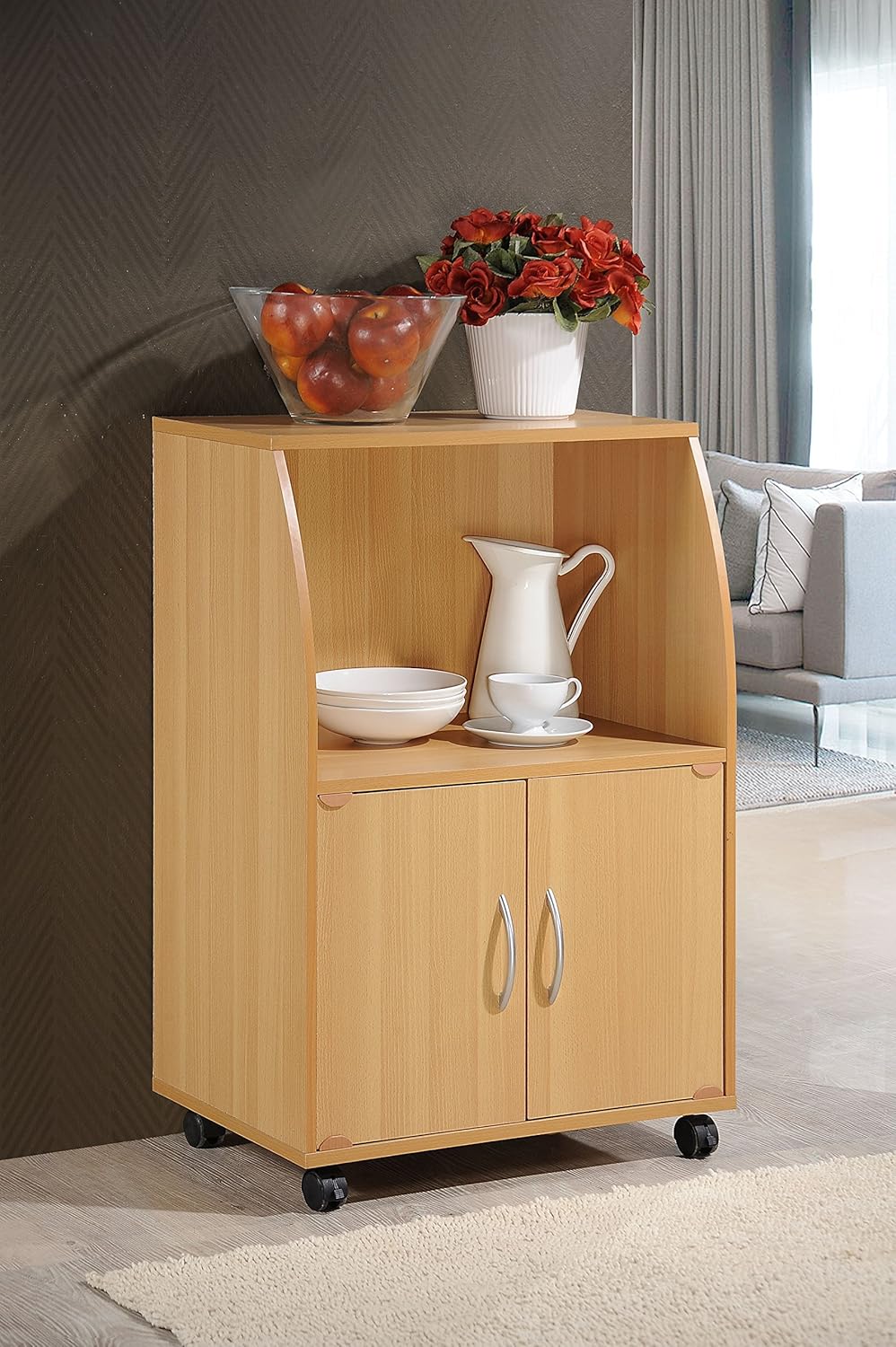 Beech Microwave Cart with Two Doors and Shelf J83658