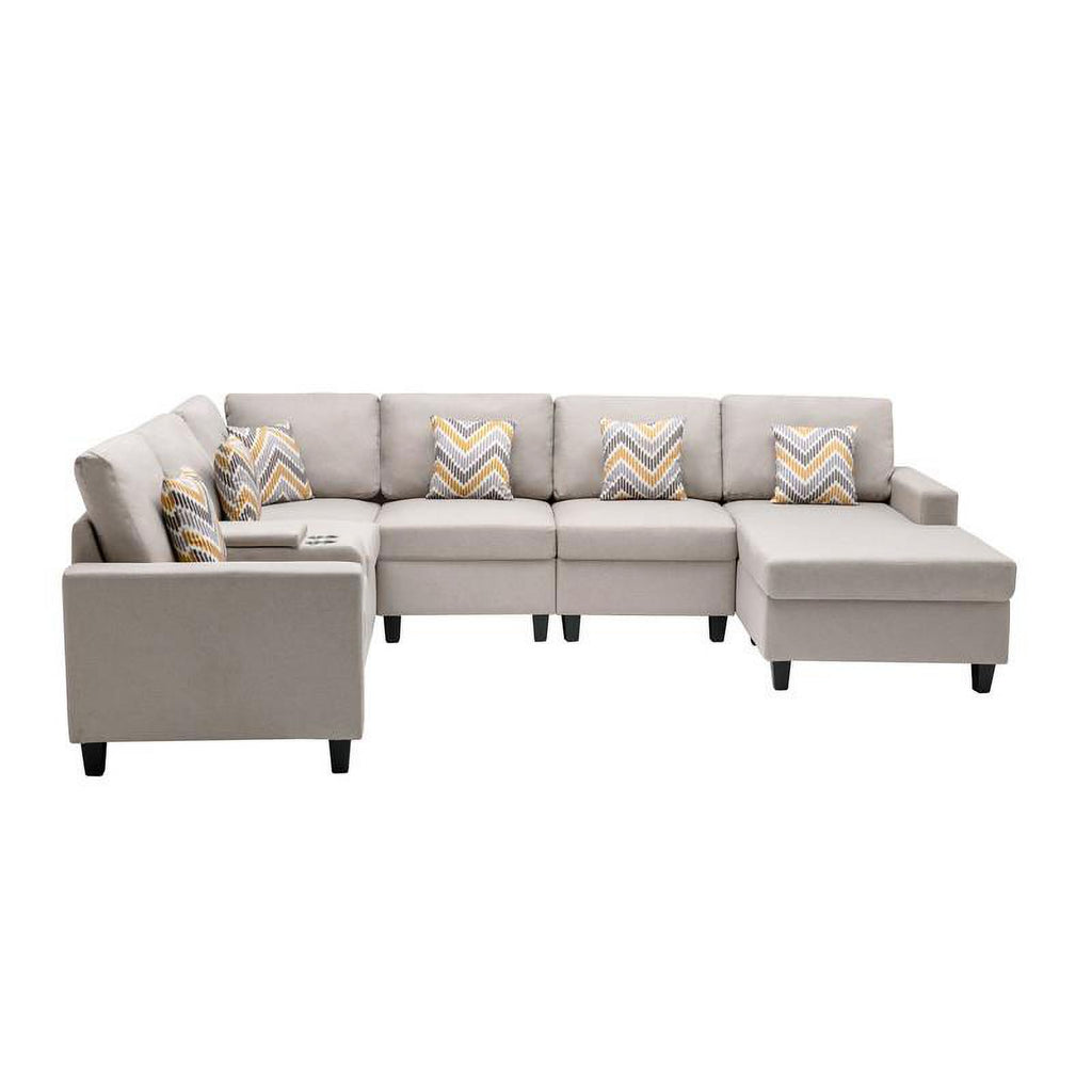 Beige Fabric Reversible Sectional with Charging Port and Storage Console O691571